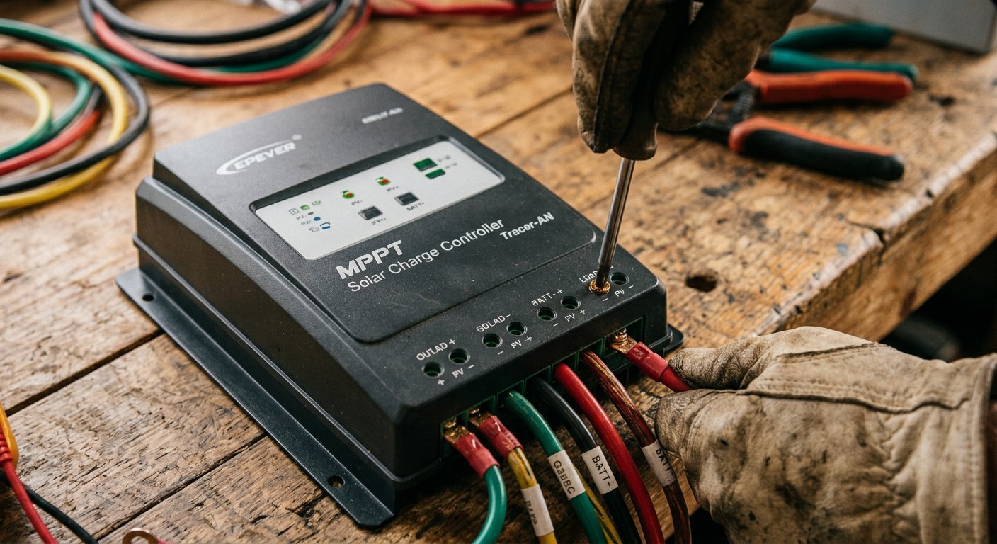 Solar panels and a battery bank wired on a cabin wall