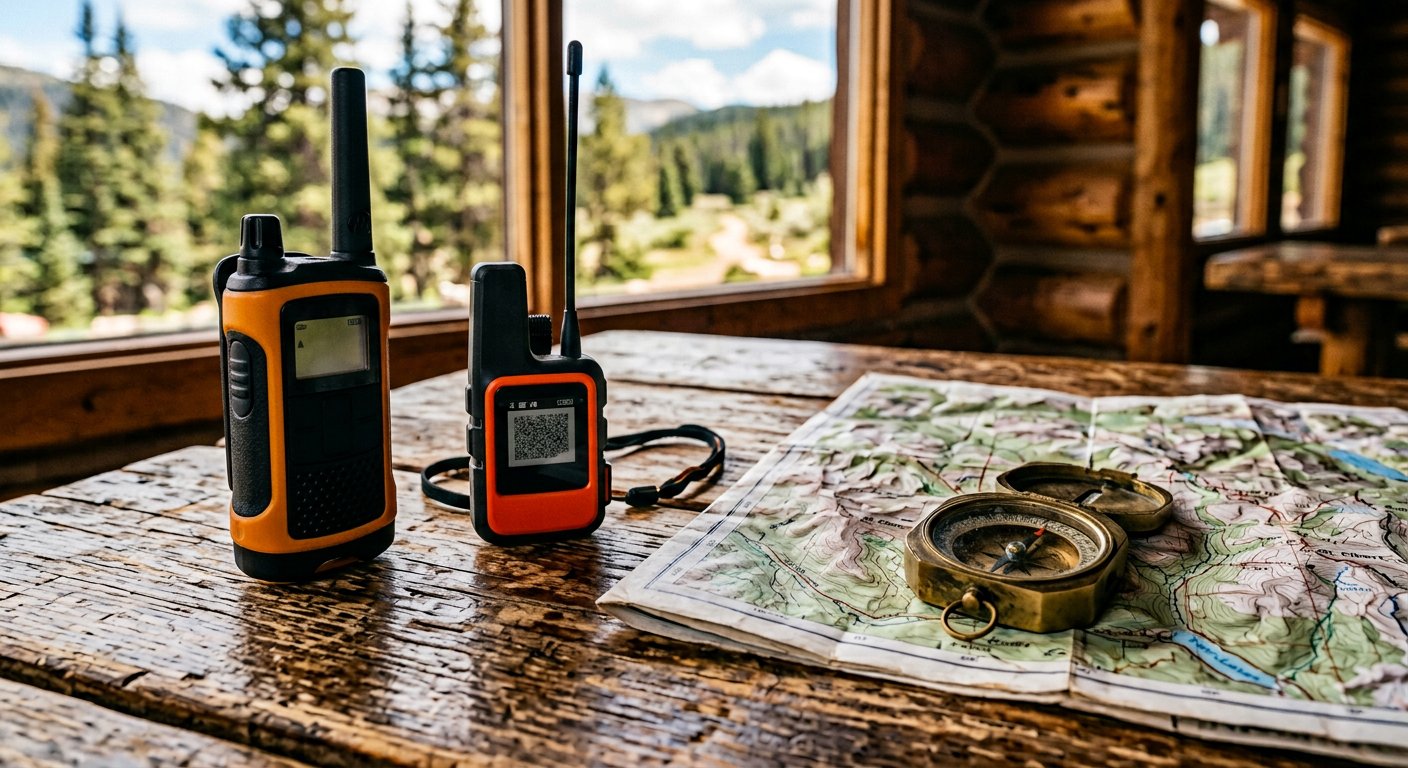 A rugged two-way radio on a wooden table beside a map