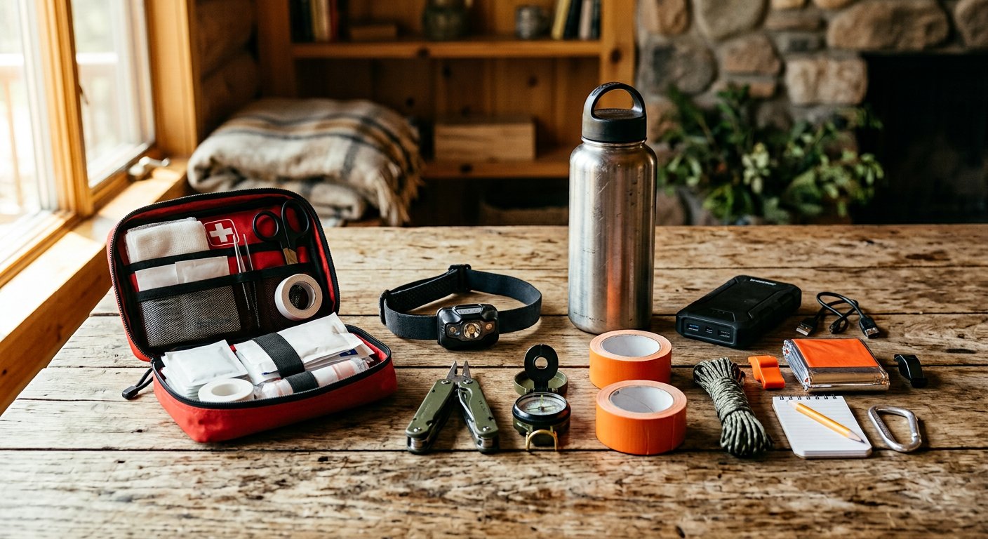 A packed emergency kit with first aid supplies and a headlamp