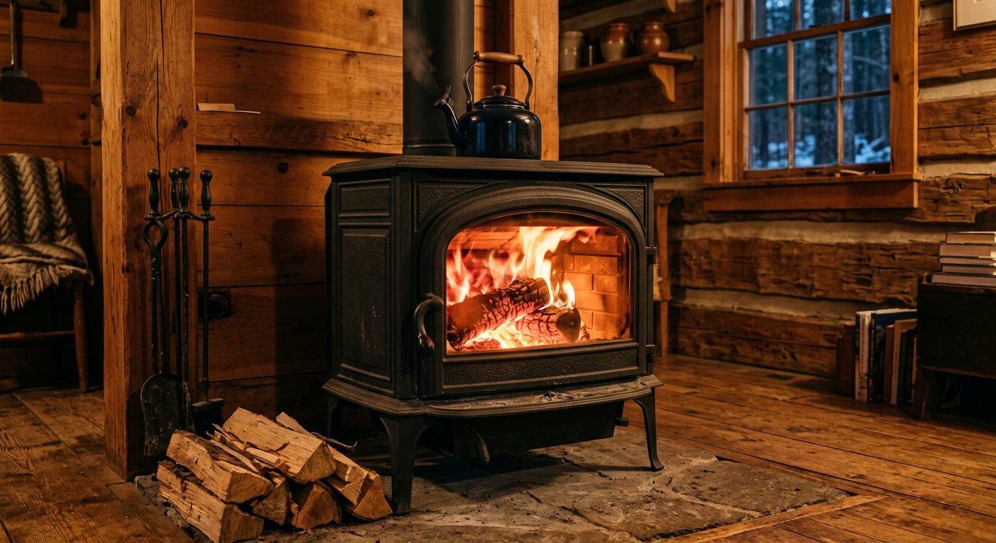 A cast-iron wood stove with a kettle, fire burning inside