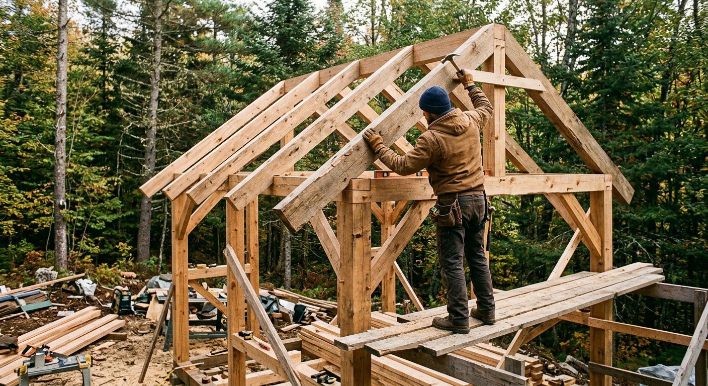 A small timber cabin under construction in the forest