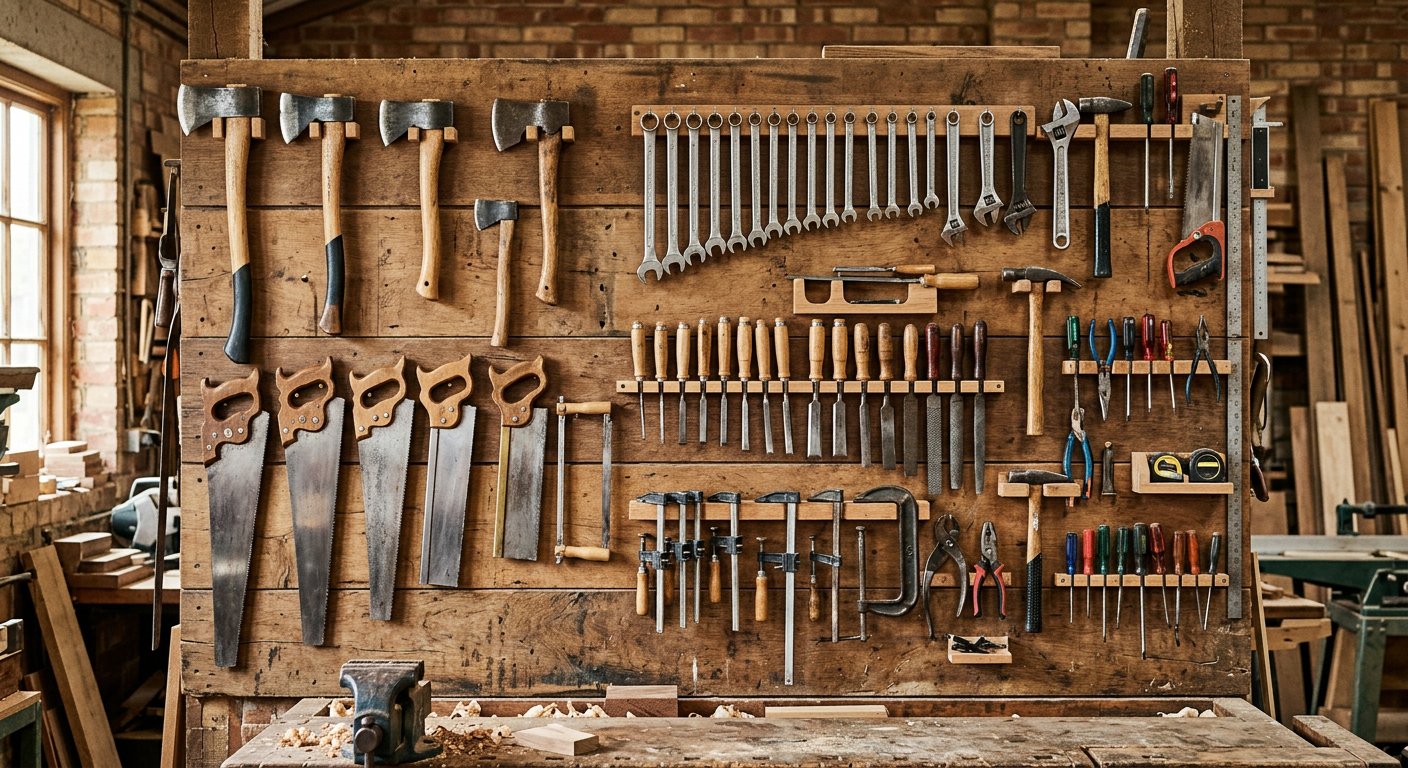 A well-organised workshop wall of hand tools