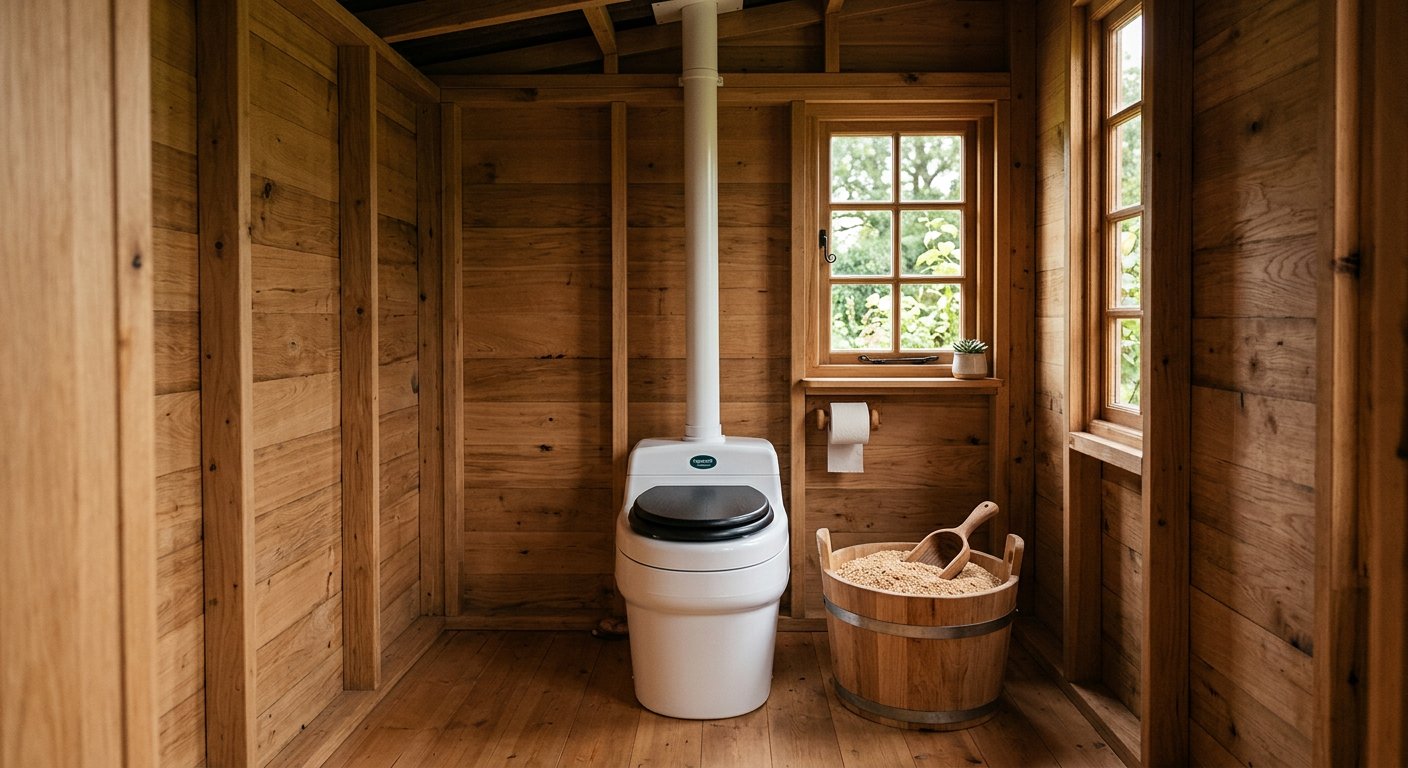 A clean composting toilet setup in a timber outbuilding